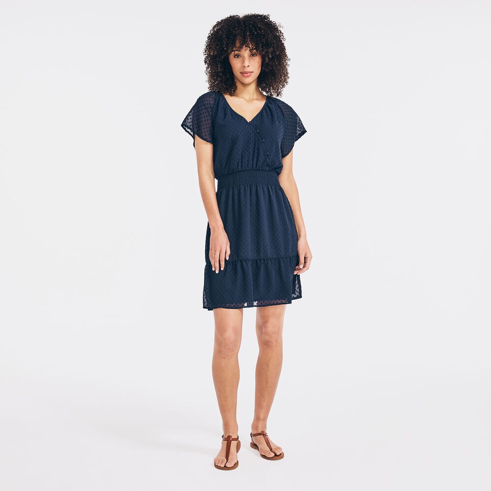 SMOCKED-WAIST BUTTON-FRONT DRESS,Stellar Blue Heather,large