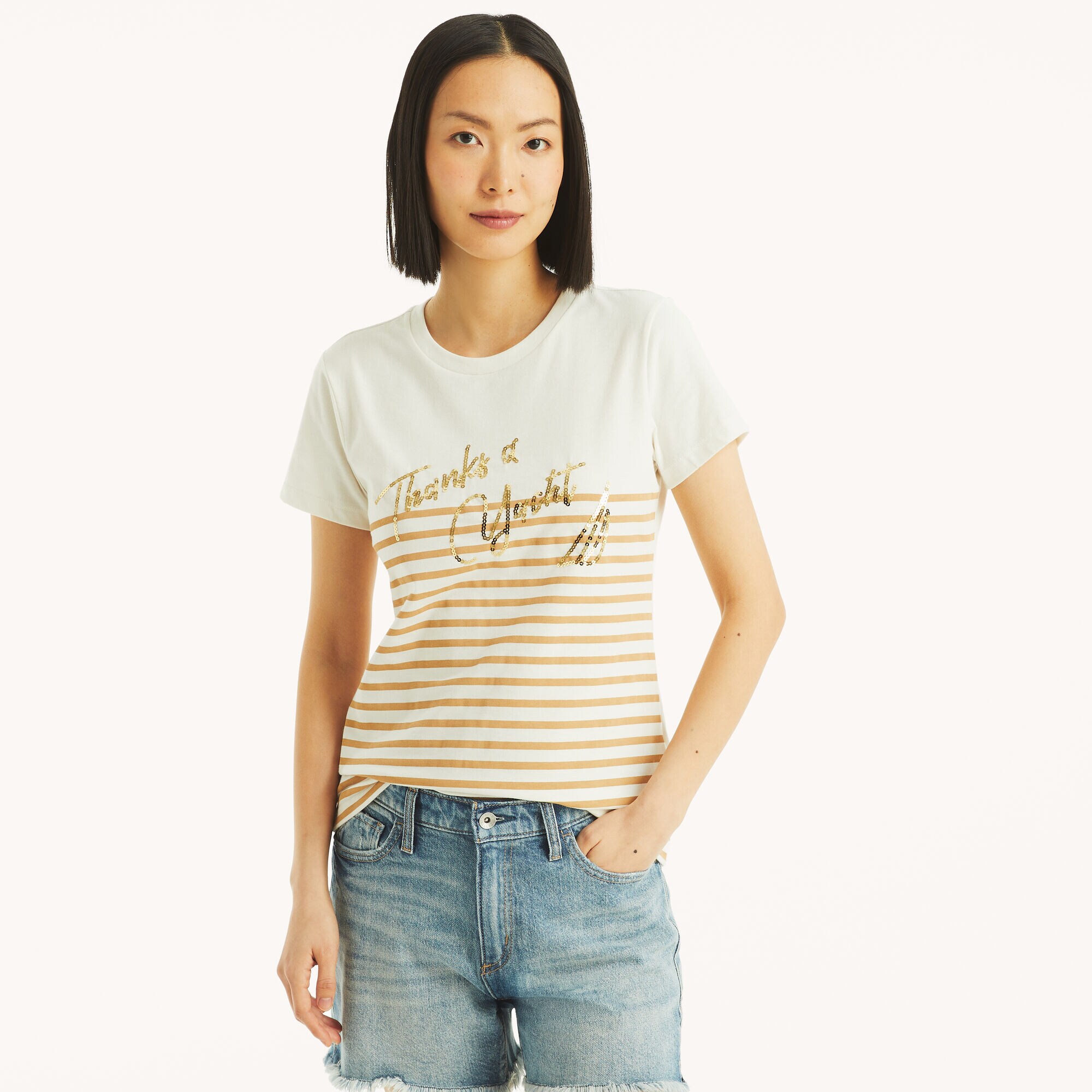 Sequin Thanks A Yacht Graphic T-Shirt,Marshmallow,large