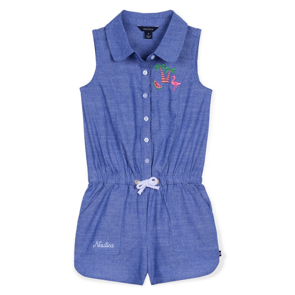Little Girls' Chambray Romper (4-7),Delphinium Blue,large