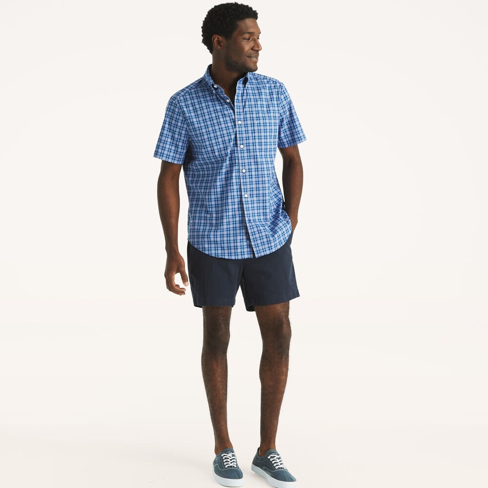 Classic Fit Wrinkle-Resistant Plaid Short-Sleeve Shirt,Estate Blue,large