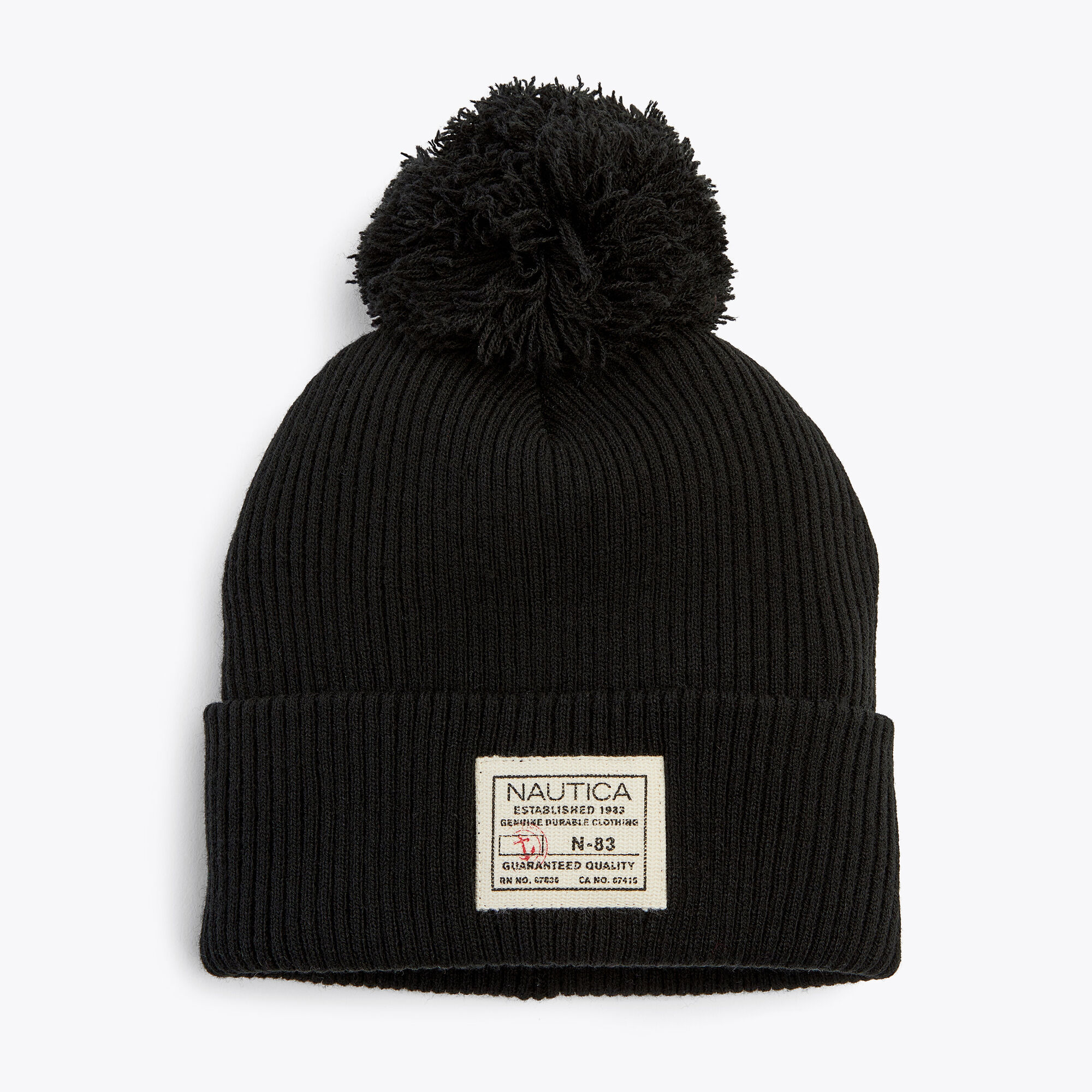 Rib-Knit Pom Hat,Black,large