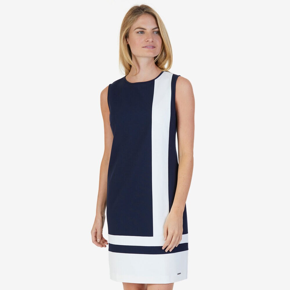 Short Sleeve Color Block Ponte Sheath Dress,Stellar Blue Heather,large