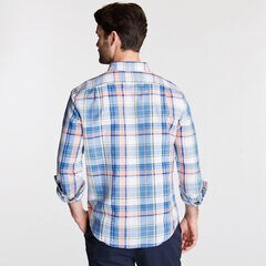 Classic Fit Linen Blend Shirt in Plaid,Alaskan Blue,large
