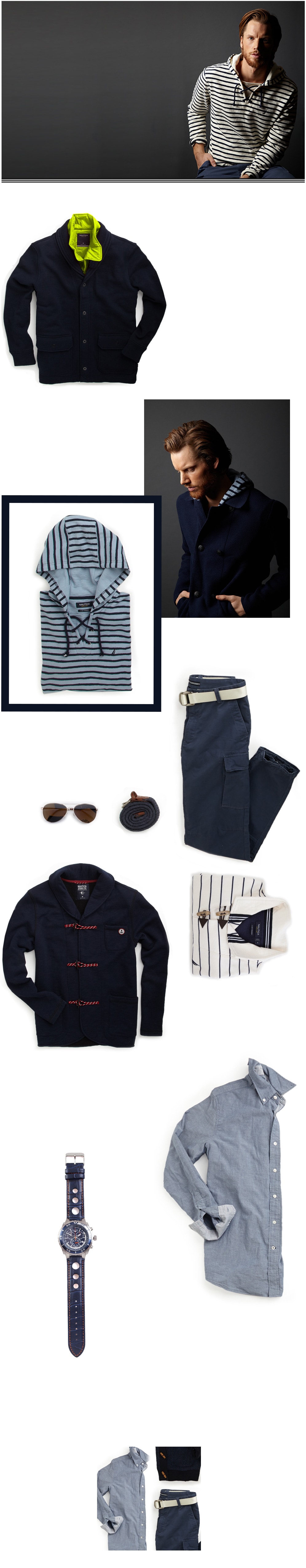 Fall Style Guide: Naval Shawl Collar Jacket, Stripe Hoodie, Cargo Pants, Toggle Cardigan, Chambray Shirt, and Face Sporty Watch.