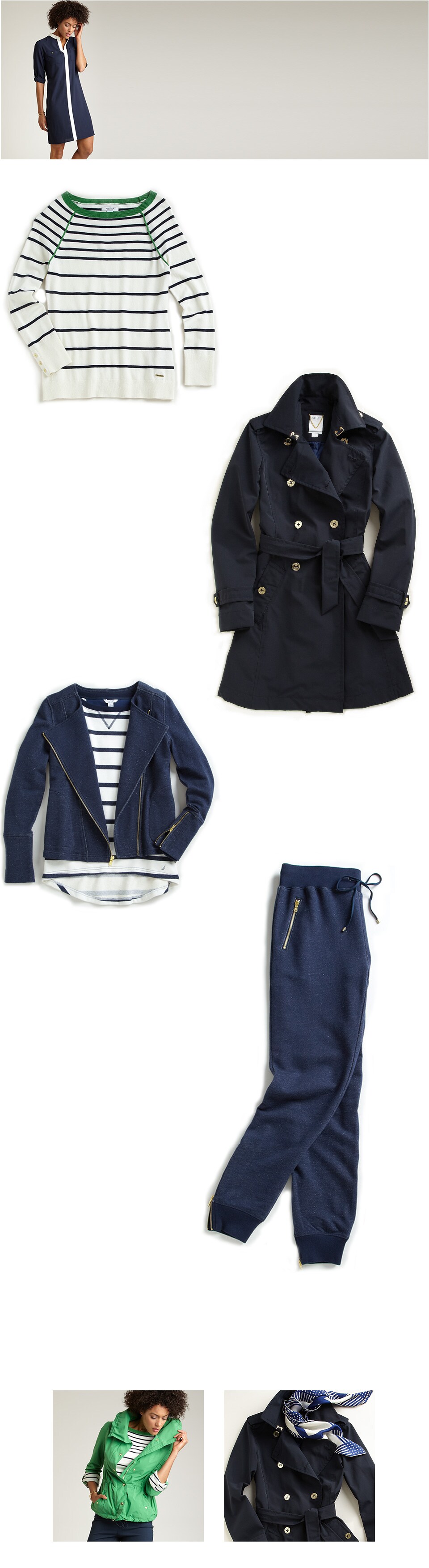 Women's Five Things: The Striped Raglan Sweater, The Double Breasted Trench Coat, The French Terry Moto Jacket, THe French Terry Lounge Pant.